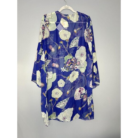 Pink Mode Kimono Tunic Top Womens 1X Blue Floral Sheer Tie Back Cover Up Boho - Picture 7 of 15